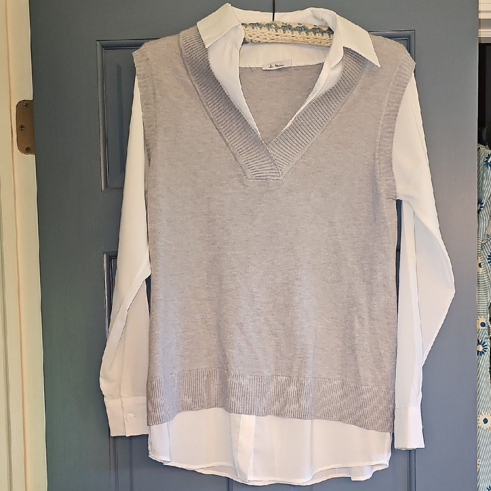 Milano Gray Vest White Sheer Blouse Women Causal Dressy Shirt Large